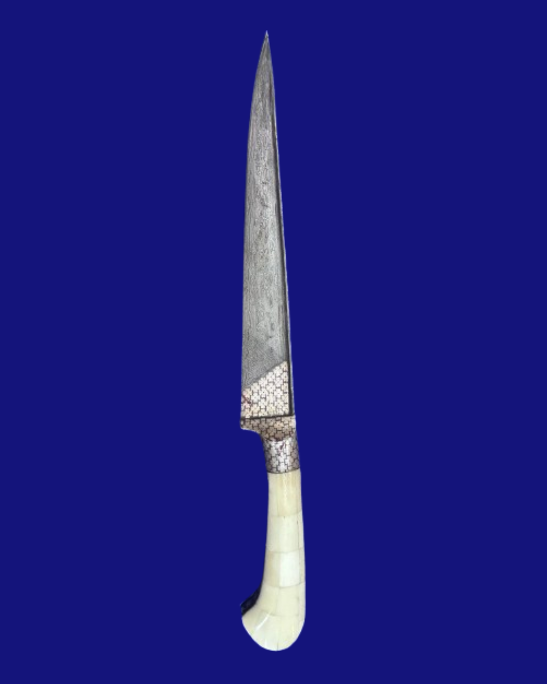 Handcrafted Straight Damascus Steel Dagger with Camel Bone Handle & Silver Koftgiri Work – 15.5 Inch
