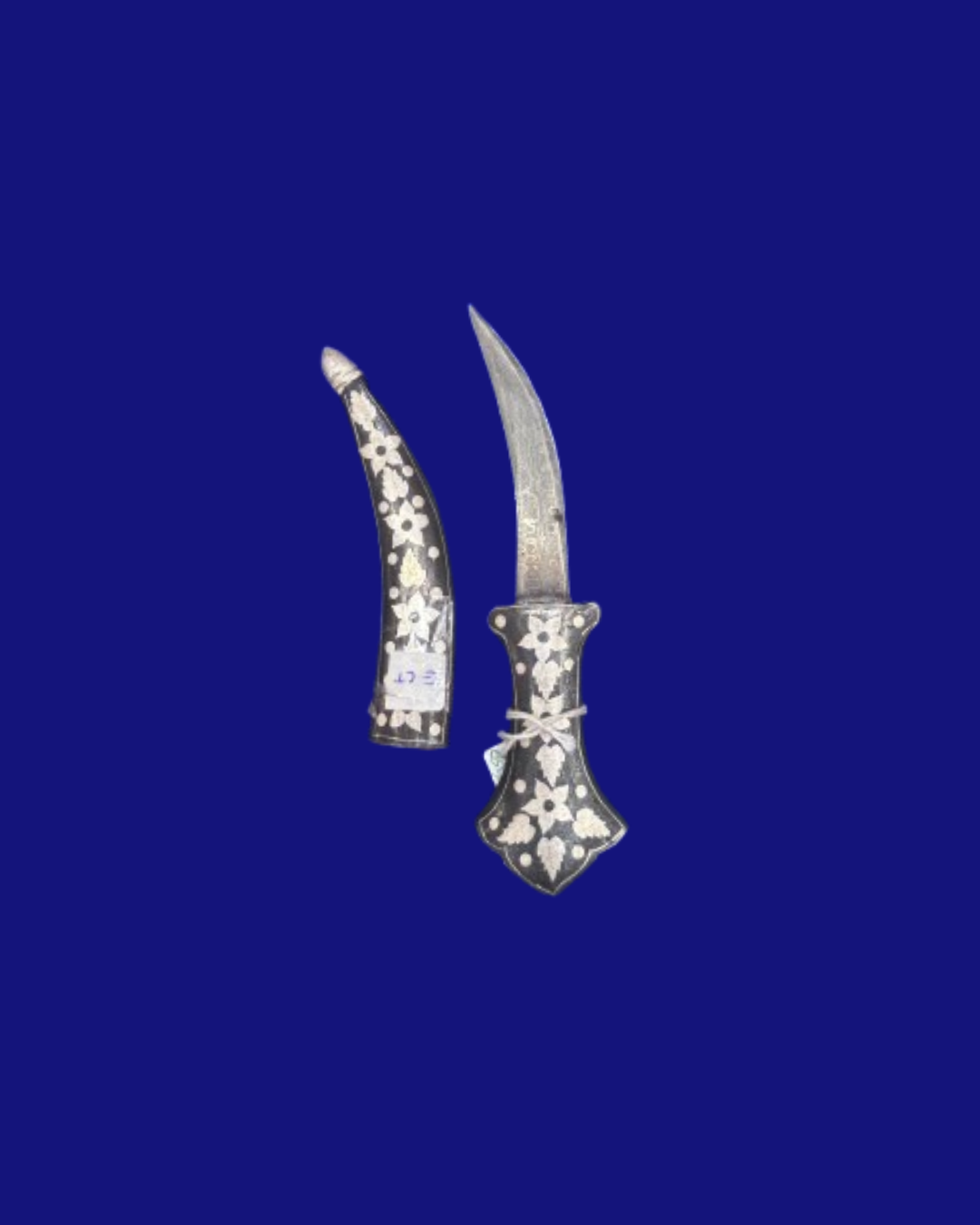 Black Curved Damascus Steel Dagger with Silver Koftgiri – 6 Inch