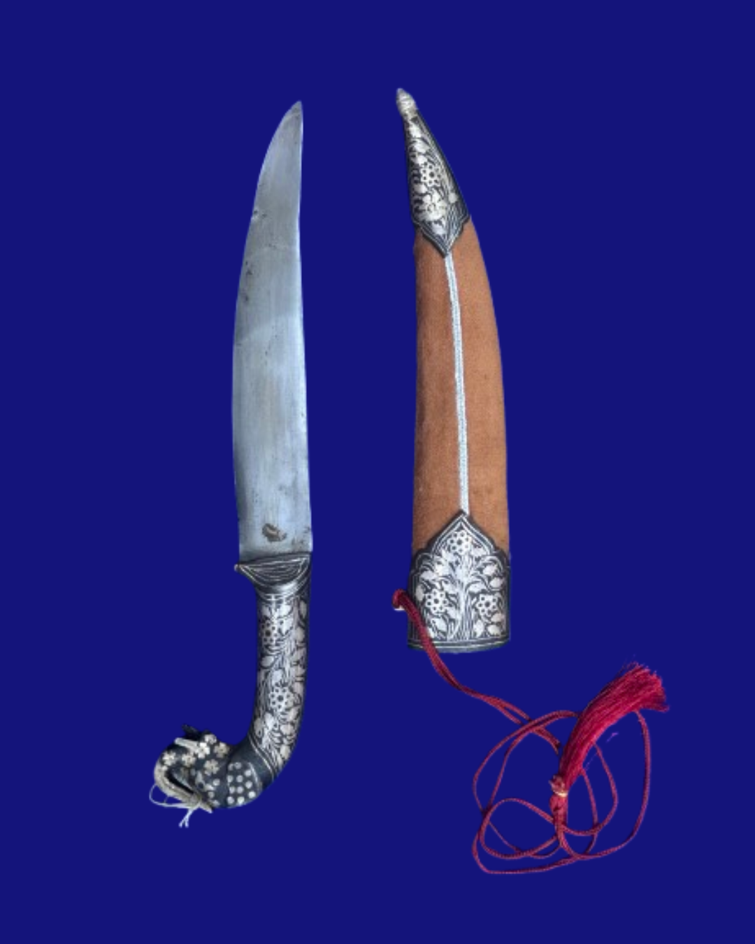 Damascus Steel Dagger with Elephant Head Handle & Silver Koftgiri (13.5 Inch) - Image 3