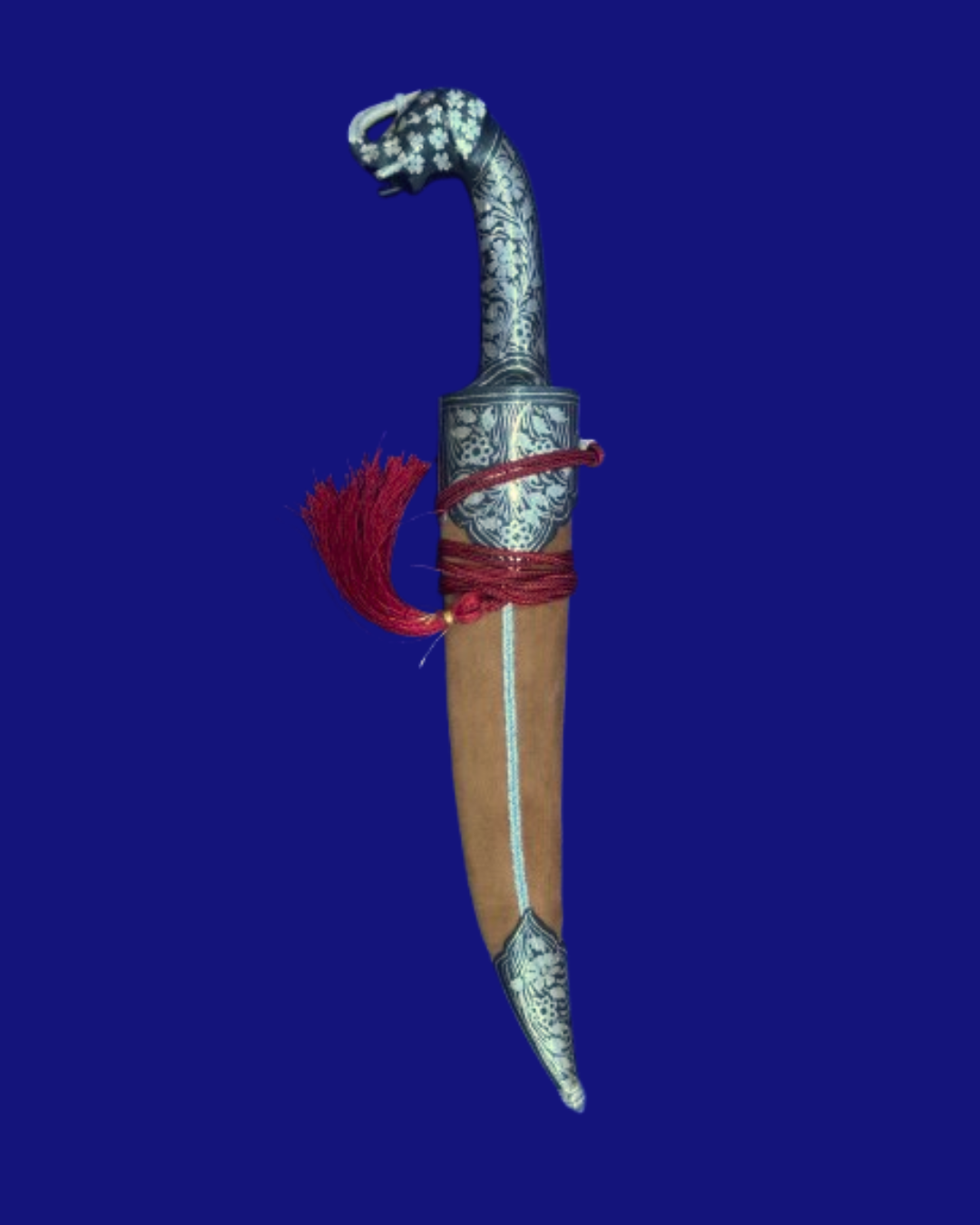 Damascus Steel Dagger with Elephant Head Handle & Silver Koftgiri (13.5 Inch)