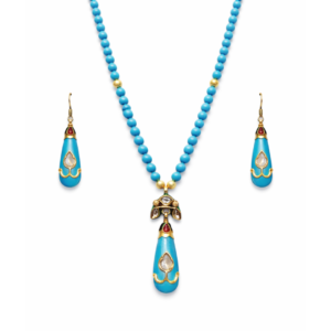 Diamond Polki Jadau Turquoise Pendant Set
