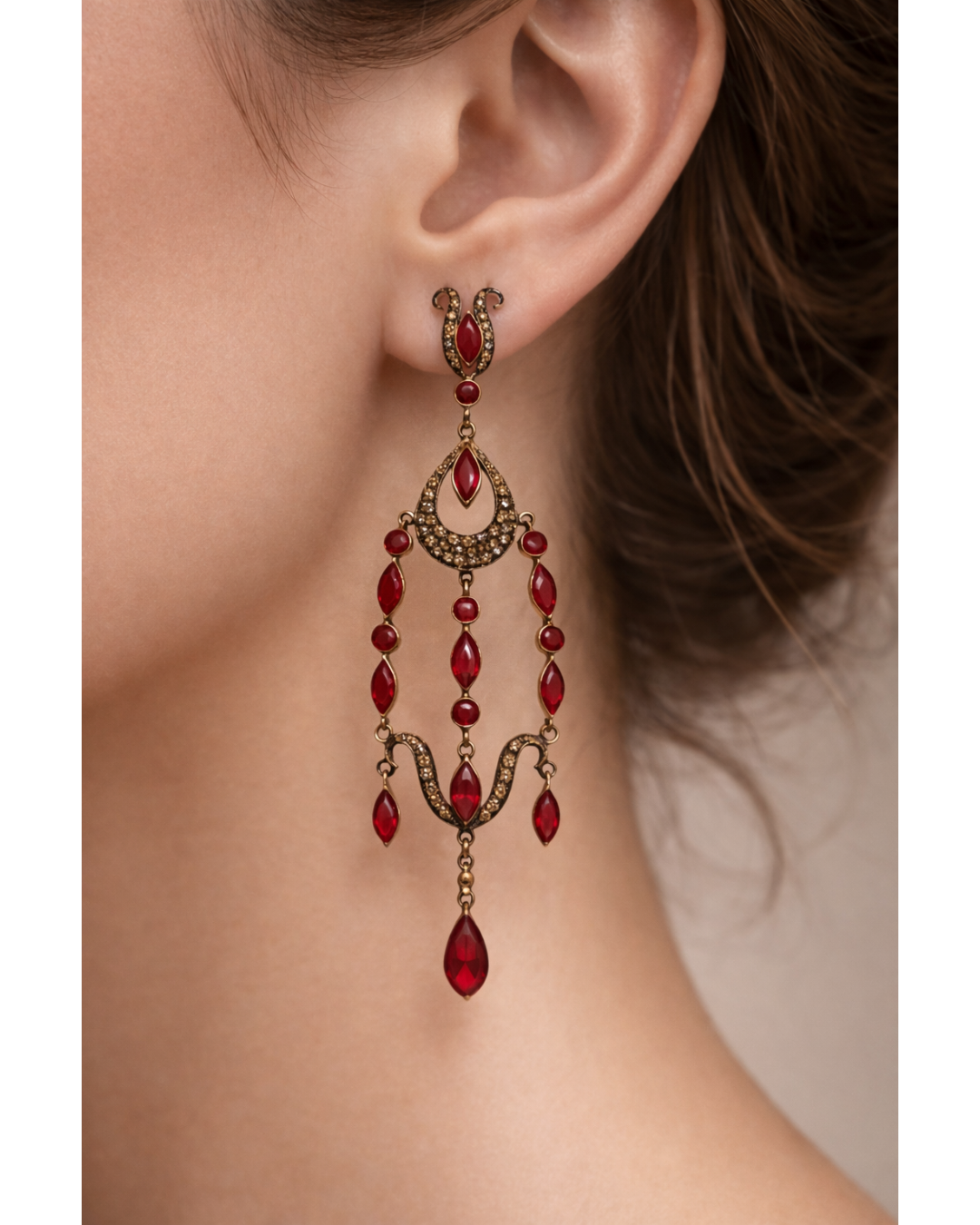 Victorian Antique Finish Ruby & Diamond Gold Silver Earrings - Image 2