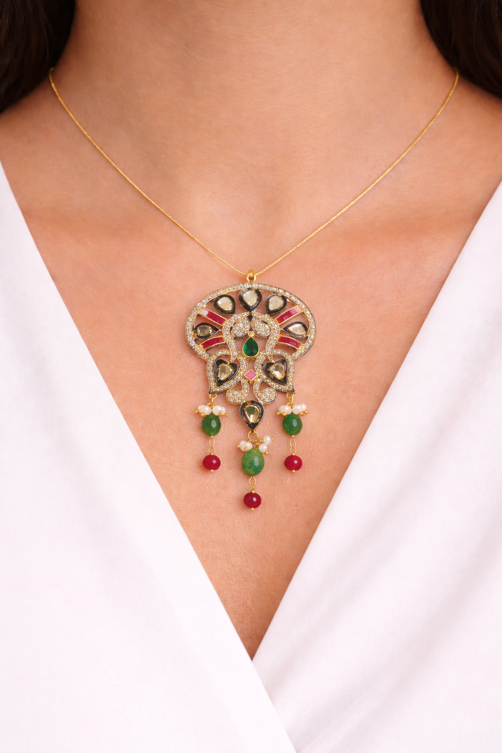Hyderabadi Victorian Diamond, Ruby & Emerald Pendant - Image 2