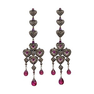 Victorian Antique Finish Gold & Silver Earrings with Diamond and Rhodolite Garnet