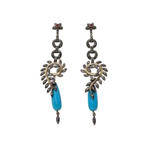 Victorian Style Turquoise & Ruby Diamond Drop Earrings in Gold and Silver