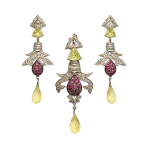 Victorian Diamond, Ruby & Lemon Topaz Pendant Set