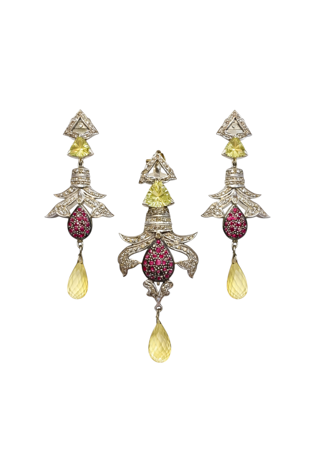 Victorian Diamond, Ruby & Lemon Topaz Pendant Set