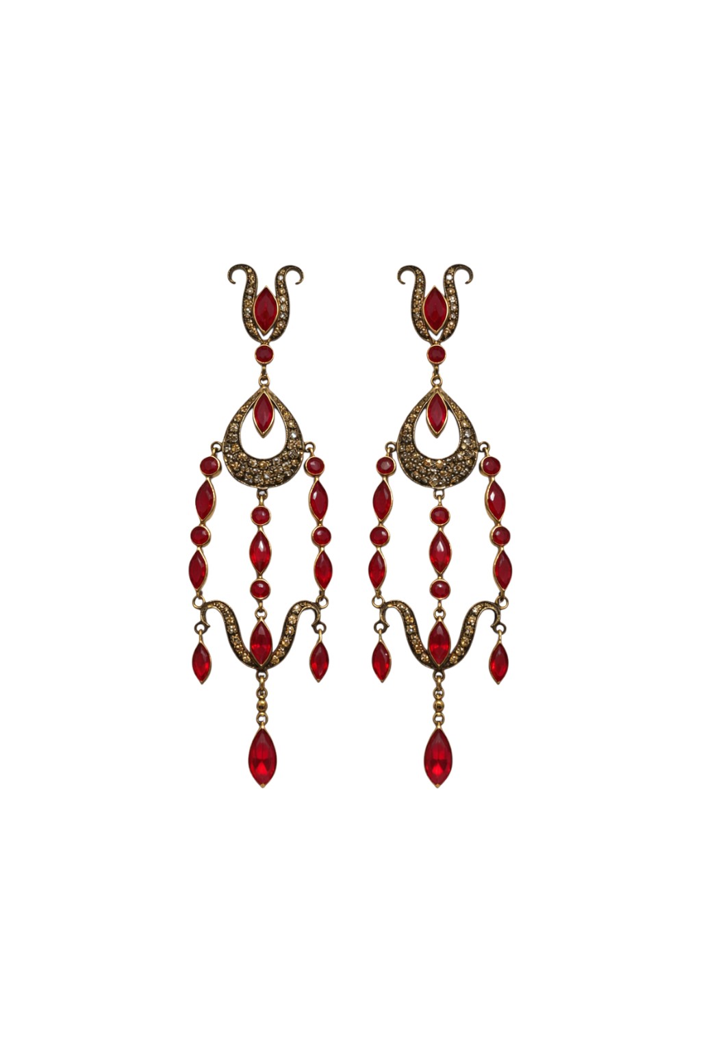 Victorian Antique Finish Ruby & Diamond Gold Silver Earrings