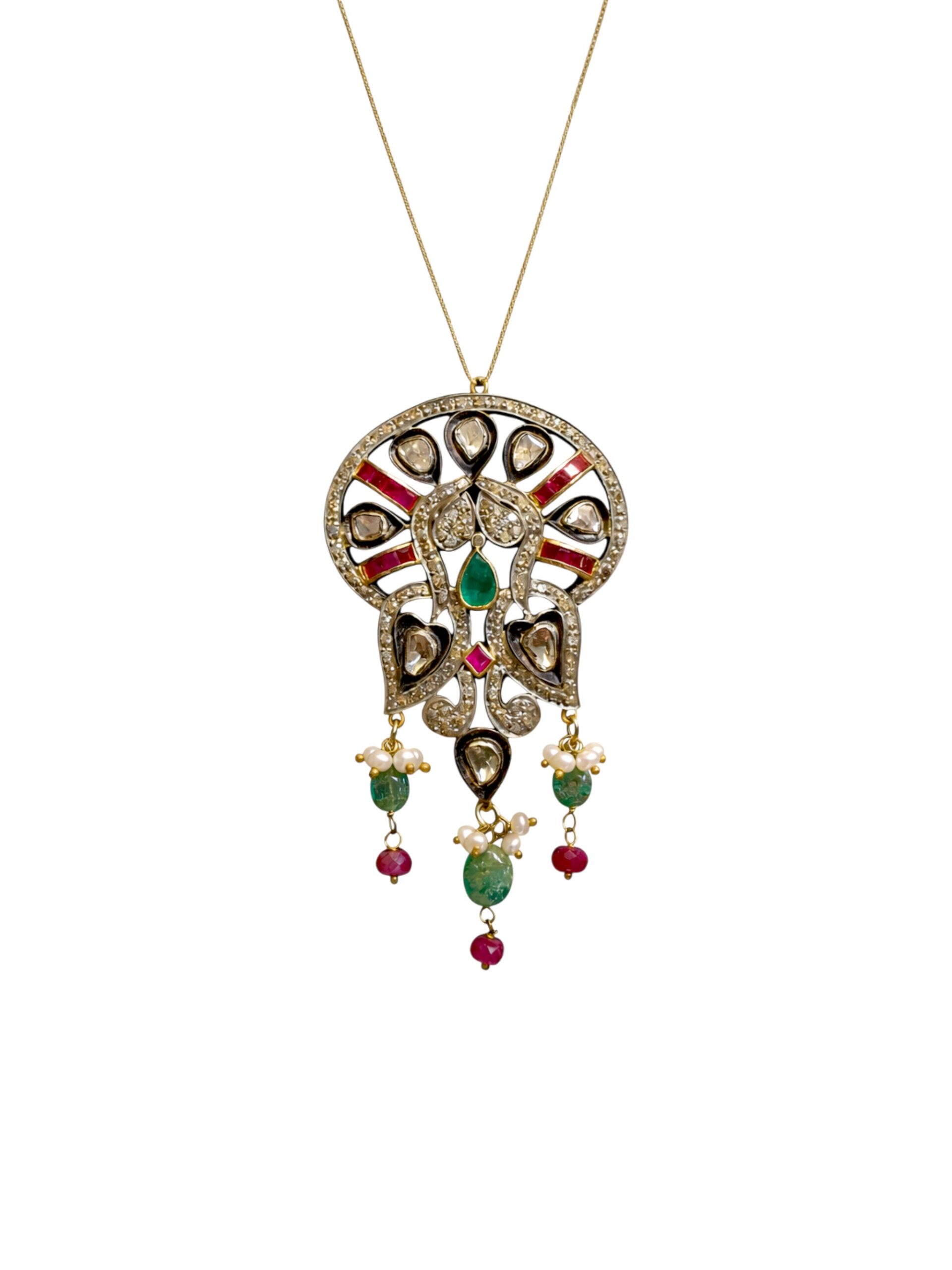 Hyderabadi Victorian Diamond, Ruby & Emerald Pendant