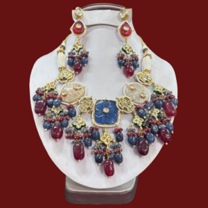 Kundan Choker Necklace Set with Semi-Precious Stones & Pearl Mala