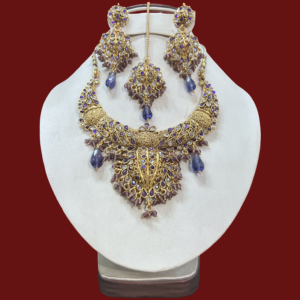 22 Carat Gold Plated Necklace Set with Semi-Precious Stones & Maang Tikka