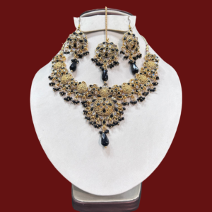 22 Carat Gold Plated Necklace Set with Black Crystal Work & Maang Tikka