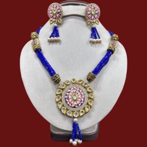 Kundan Minakari Pendant Set with Semi-Precious Stone & Pearl Mala