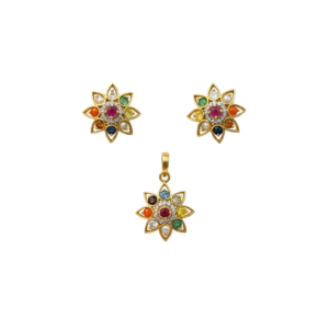 Navratna Gold Pendant Set with Diamonds & Natural Stones
