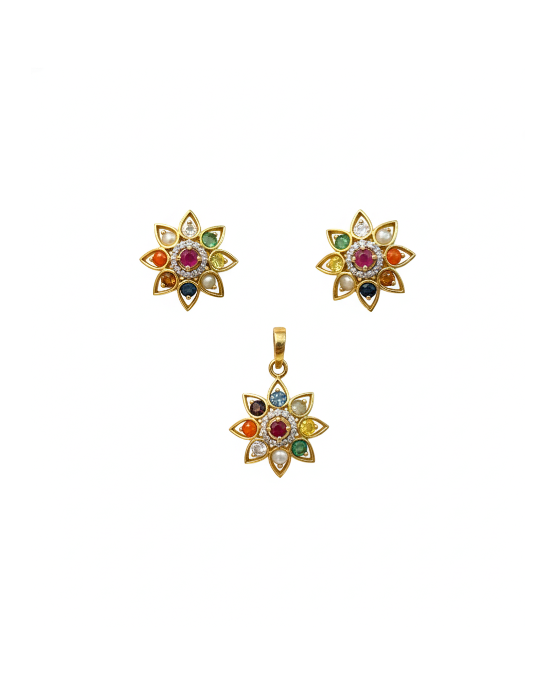 Navratna Gold Pendant Set with Diamonds & Natural Stones