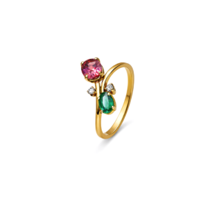 Emerald & Ruby Gold Ring with Diamond Accents