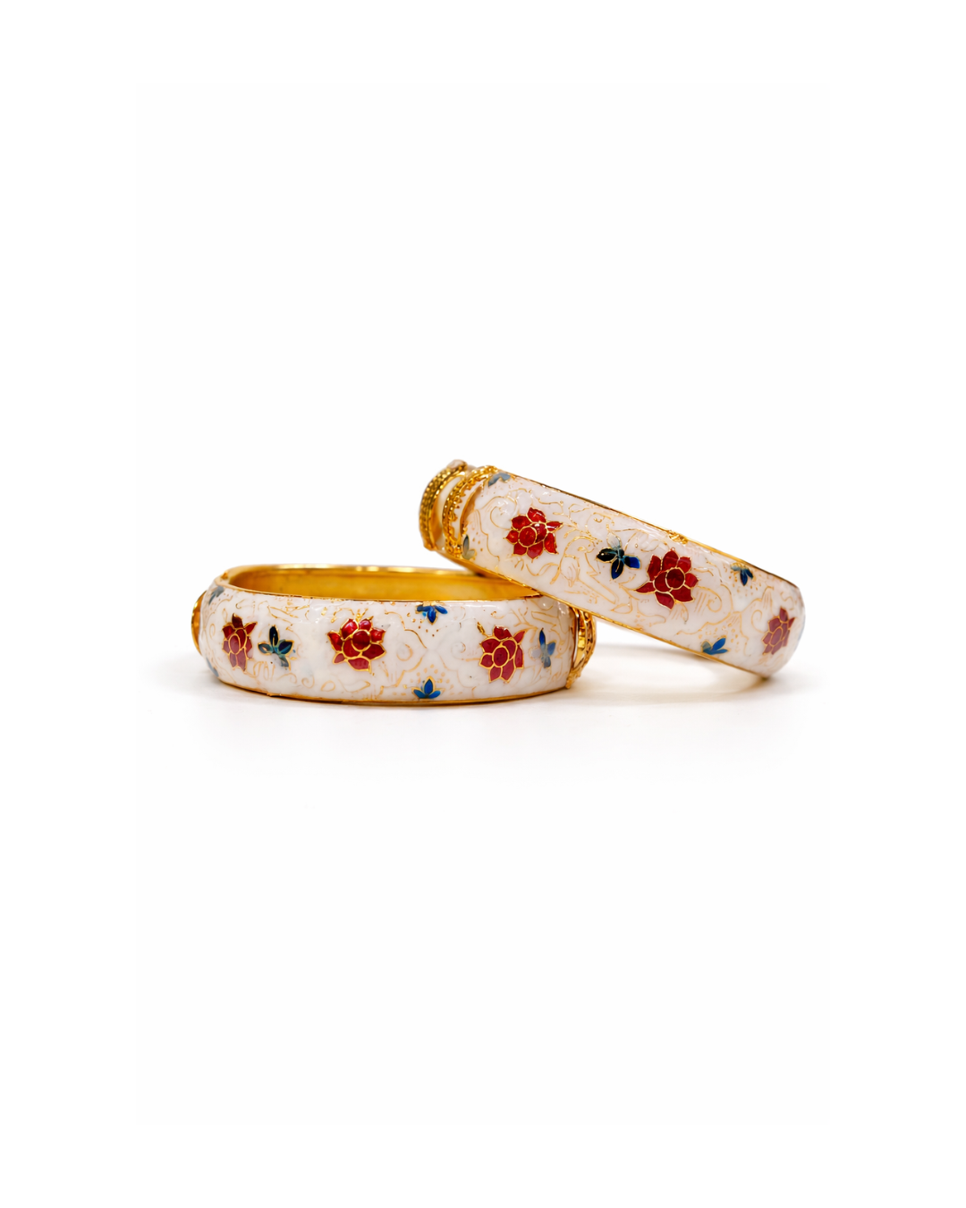 Meenakari Floral Design 22 Carat Gold Plated Openable Bangles – Soft White (Set of Two)