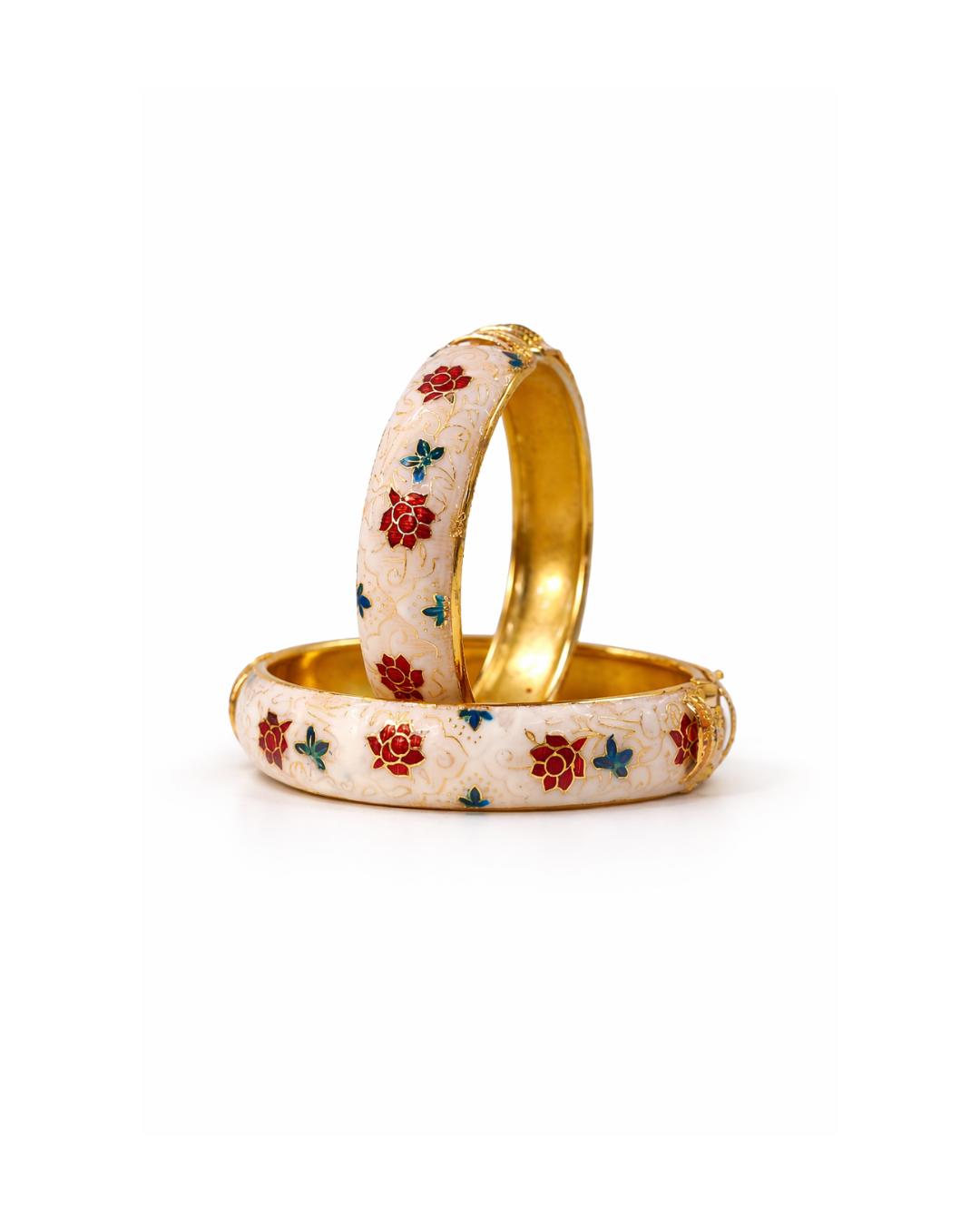 Meenakari Floral Design 22 Carat Gold Plated Openable Bangles – Soft White (Set of Two) - Image 2