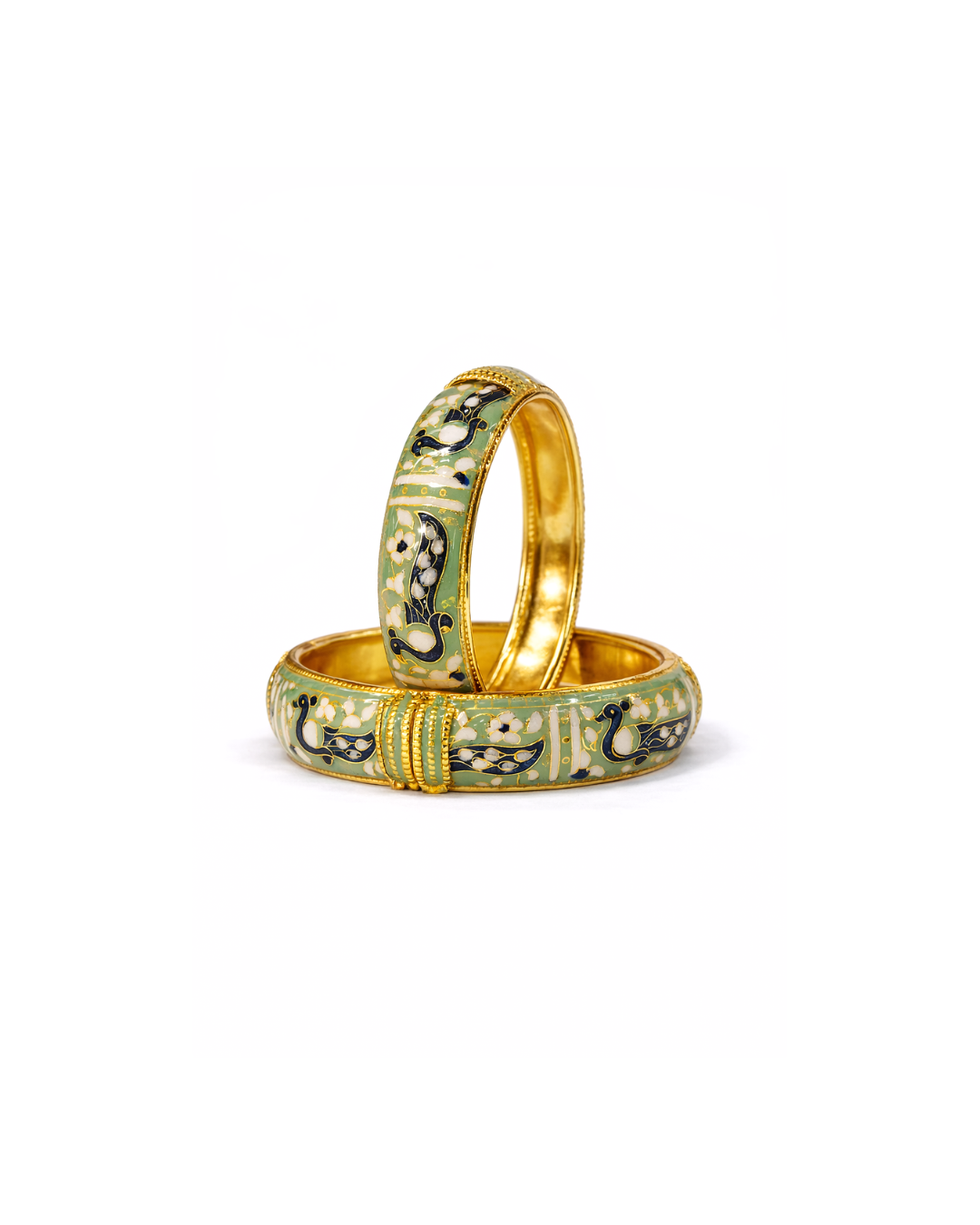 Meenakari Peacock Design 22 Carat Gold Plated Openable Bangles – Green (Set of Two) - Image 2