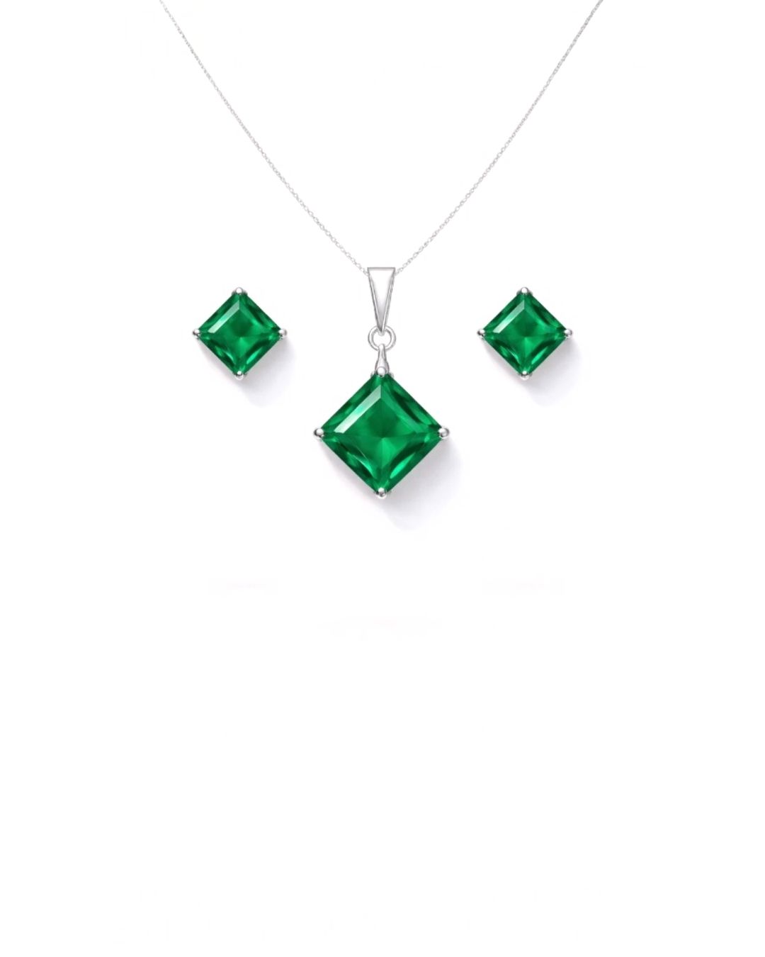 Princess Cut Green Hydro Sterling Silver Pendant Set