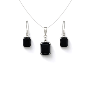 Refined Black Onyx Octagon Cut Sterling Silver Pendant Set