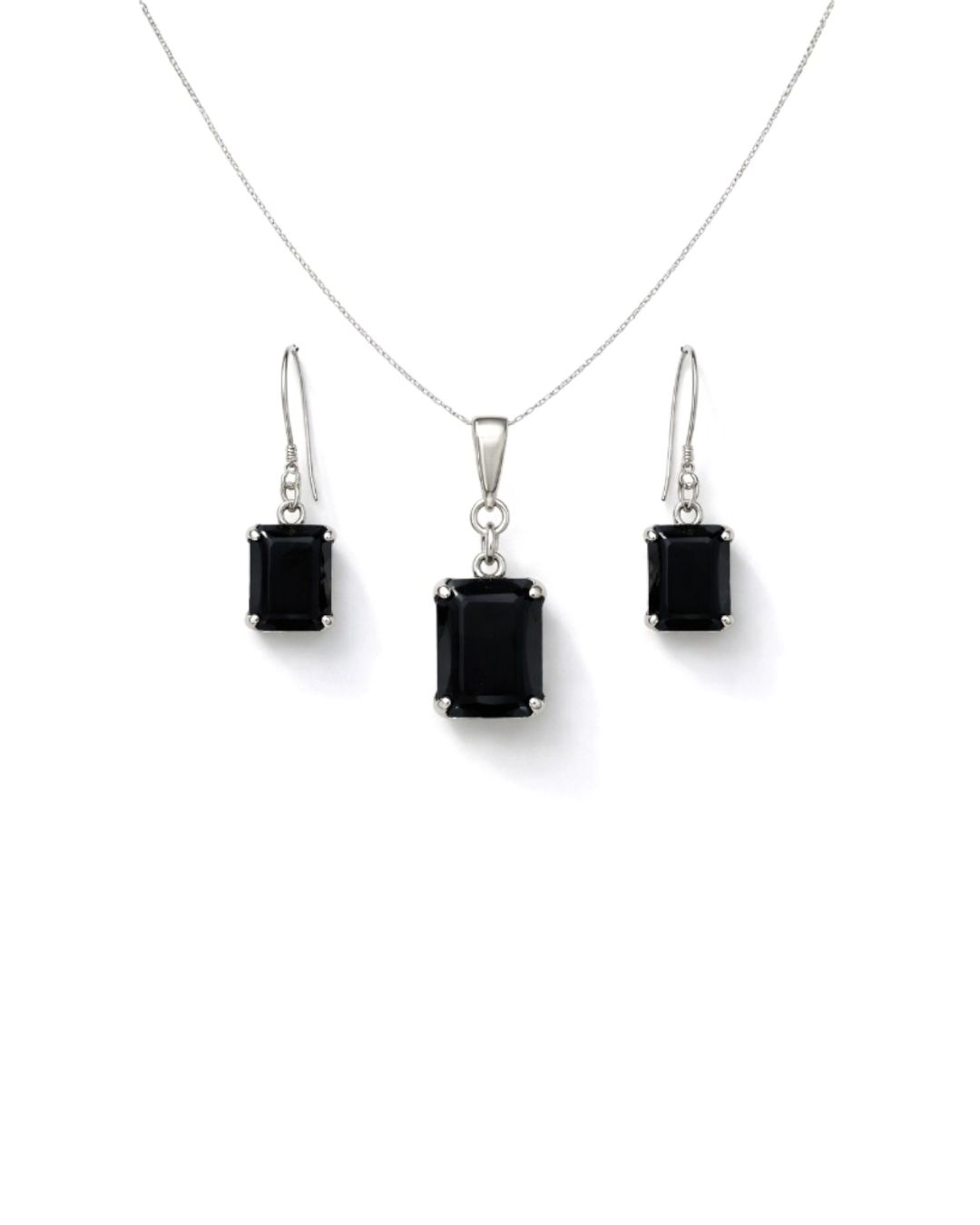 Refined Black Onyx Octagon Cut Sterling Silver Pendant Set