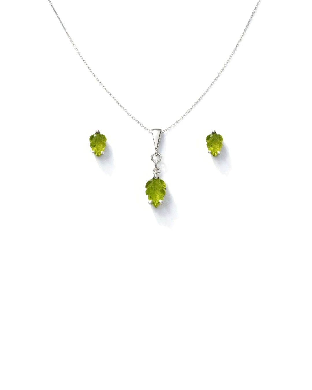 Fresh Peridot Leaf Carving Sterling Silver Pendant Set