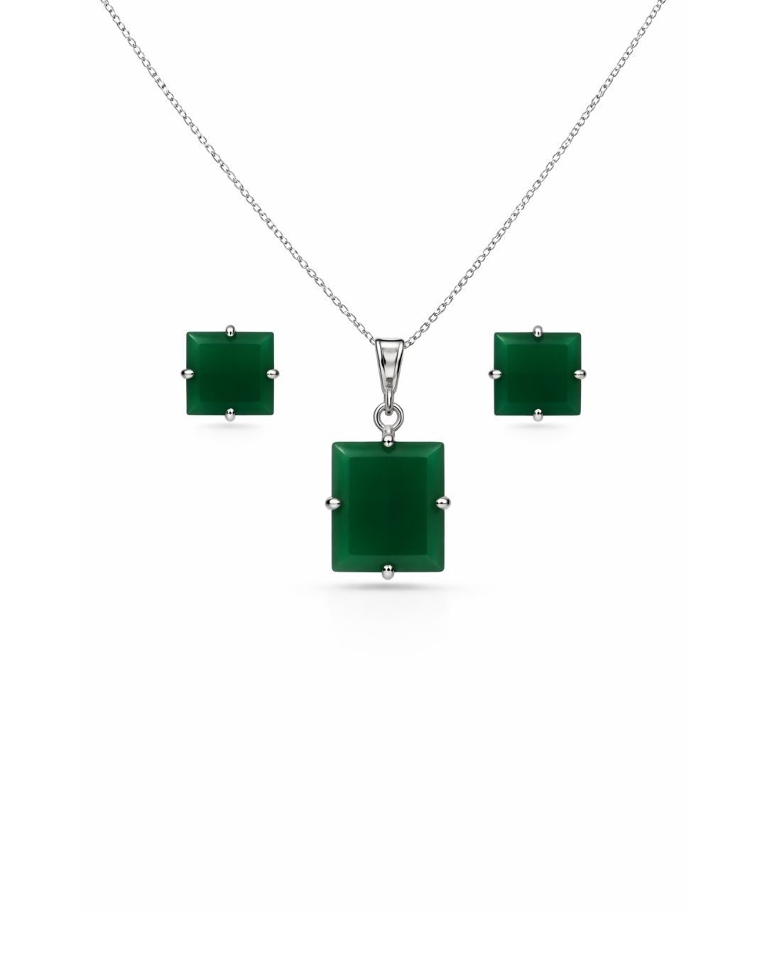 Bold Green Onyx Square Sterling Silver Pendant Set