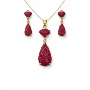 Carved Ruby Drop Design Gold Plated Sterling Silver Pendant Set