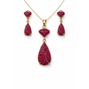 Carved Ruby Drop Design Gold Plated Sterling Silver Pendant Set