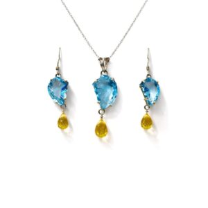 Charming Blue & Golden Topaz Sterling Silver Drop Pendant Set