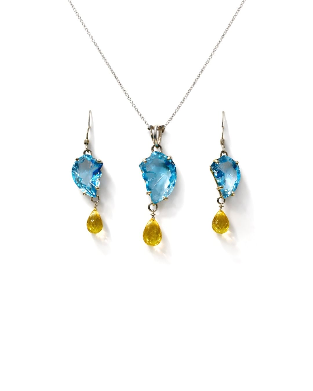 Charming Blue & Golden Topaz Sterling Silver Drop Pendant Set