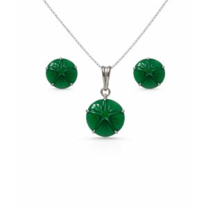 Carved Green Onyx Round Sterling Silver Pendant Set