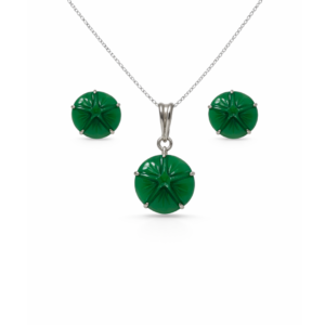 Carved Green Onyx Round Sterling Silver Pendant Set