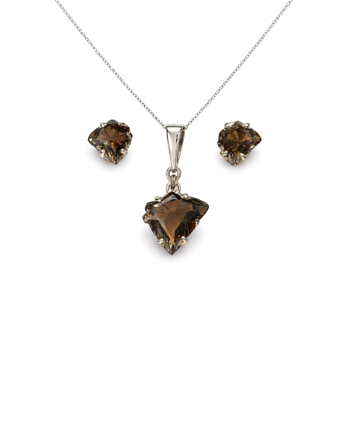 Graceful Smokey Quartz Fancy Shape Sterling Silver Pendant Set