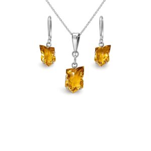 Radiant Golden Bear Quartz Fancy Shape Sterling Silver Pendant Set
