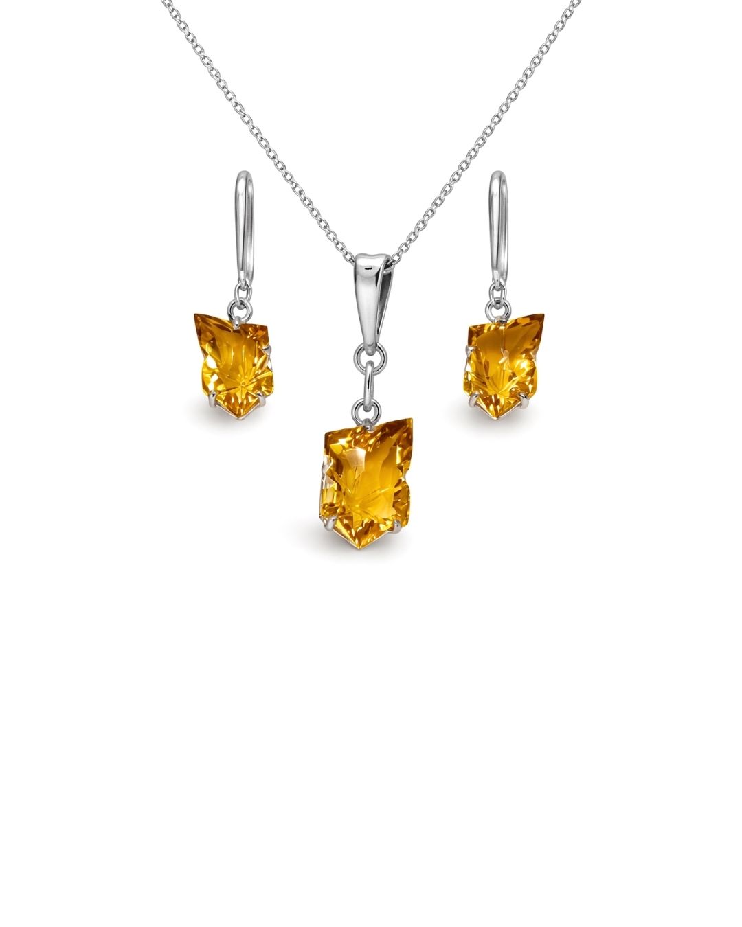 Radiant Golden Bear Quartz Fancy Shape Sterling Silver Pendant Set