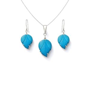 Carved Turquoise Leaf Drop Design Sterling Silver Pendant Set