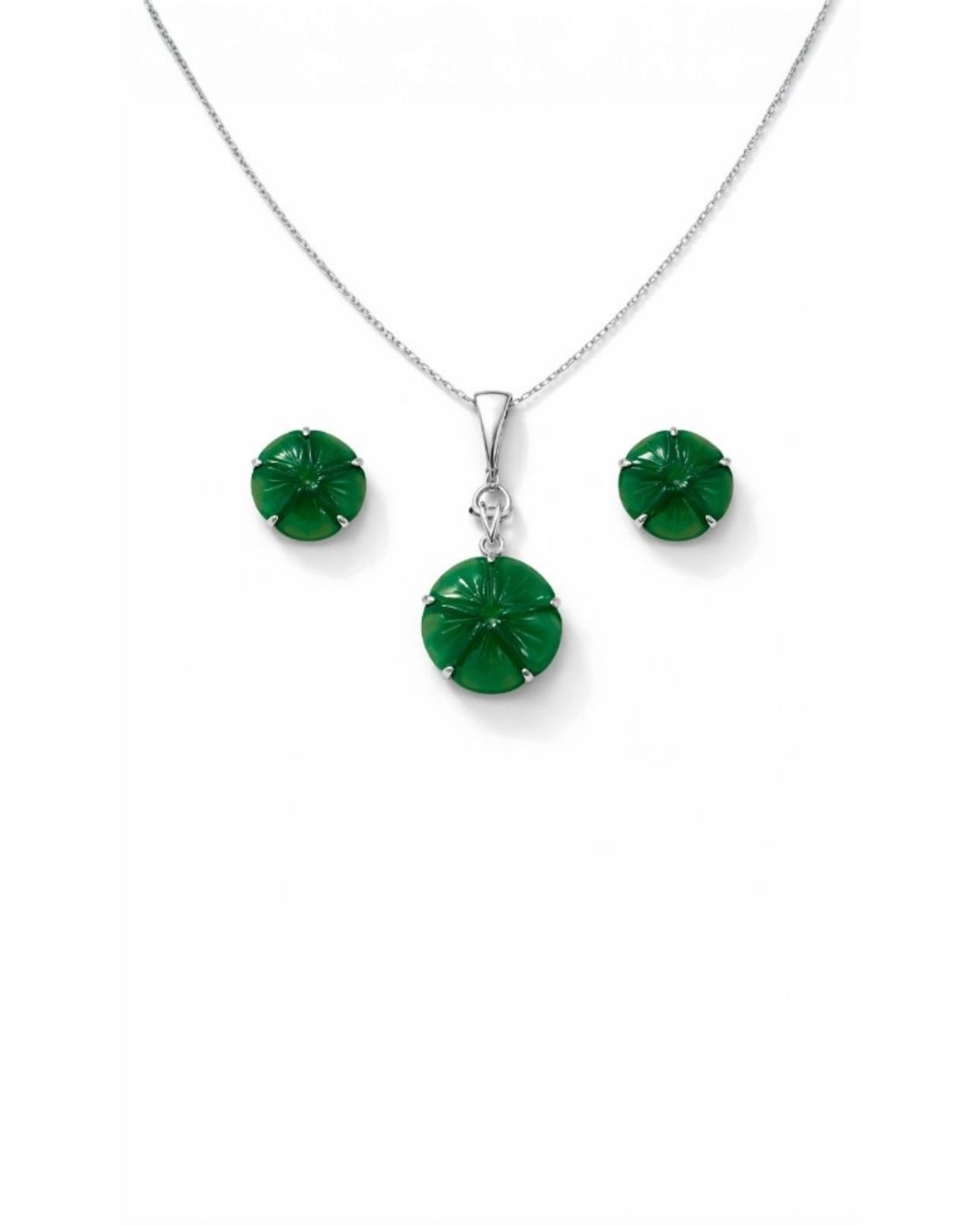Graceful Carved Green Aventurine Sterling Silver Pendant Set