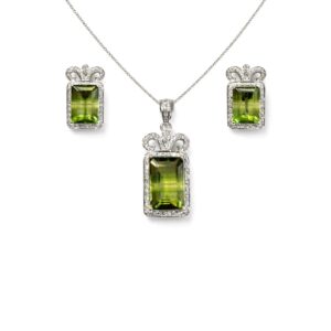 Green Fluorite Rectangle Sterling Silver Pendant Set with AD Accents