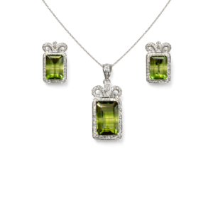 Green Fluorite Rectangle Sterling Silver Pendant Set with AD Accents