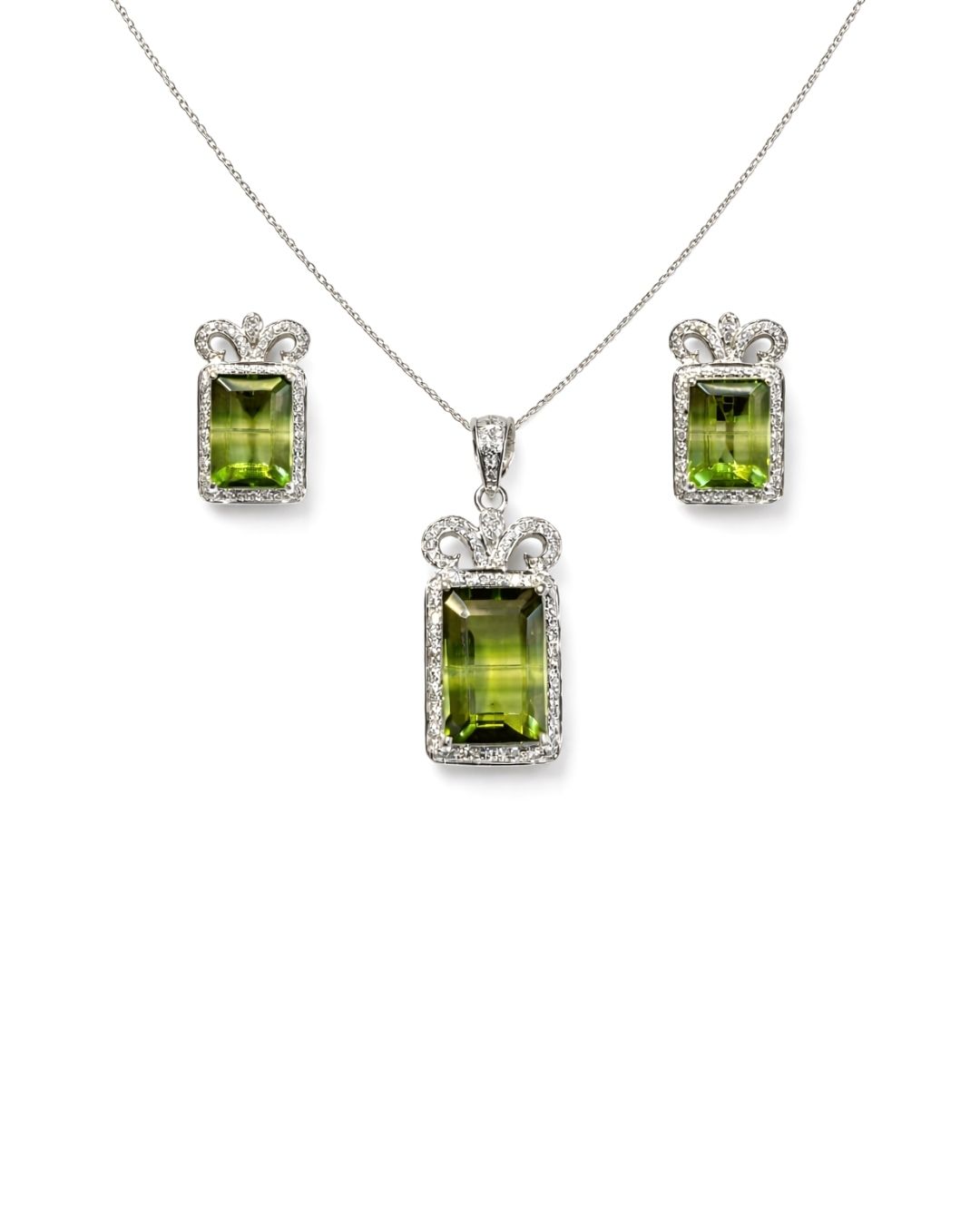 Green Fluorite Rectangle Sterling Silver Pendant Set with AD Accents
