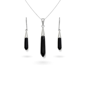 Sleek Black Onyx Drop Sterling Silver Pendant Set