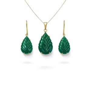Leaf Carved Green Onyx Sterling Silver Pendant Set