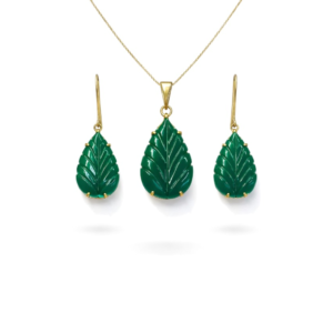 Leaf Carved Green Onyx Sterling Silver Pendant Set