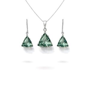 Sleek Trillion Hydro Green Amethyst Sterling Silver Pendant Set