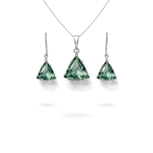 Sleek Trillion Hydro Green Amethyst Sterling Silver Pendant Set