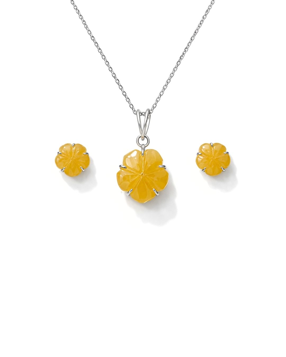Blooming Chalcedony Flower Sterling Silver Pendant Set