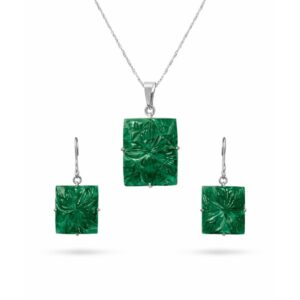 Royal Green Quartz Carved Square Sterling Silver Pendant Set