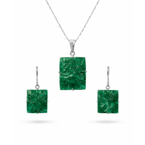 Royal Green Quartz Carved Square Sterling Silver Pendant Set